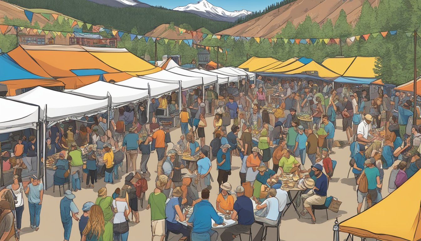 Crowds gather under colorful tents, savoring a variety of gourmet dishes and craft beers at Telluride Blues & Brews Festival. Music fills the air as people indulge in the best food festivals in Colorado