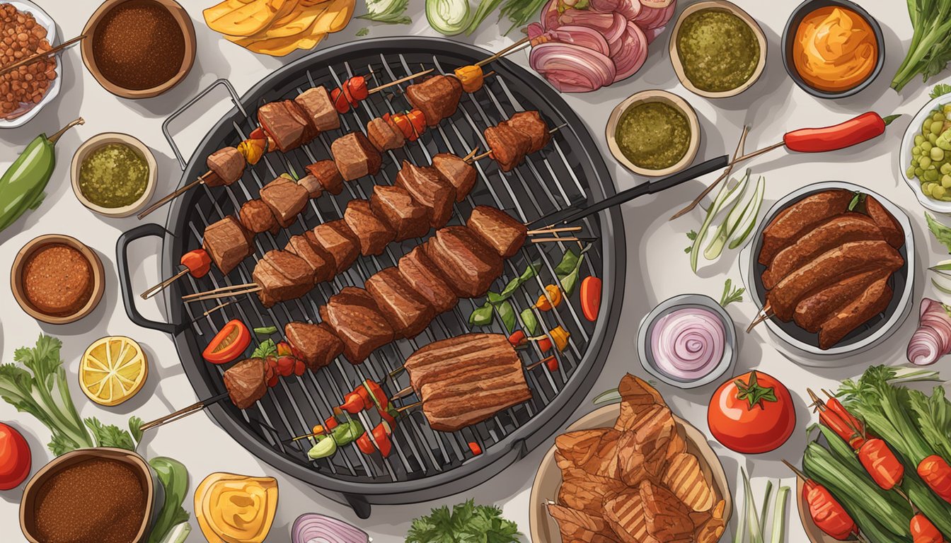 A grill with skewers loaded with marinated meat and vegetables, surrounded by Texas BBQ spices and ingredients