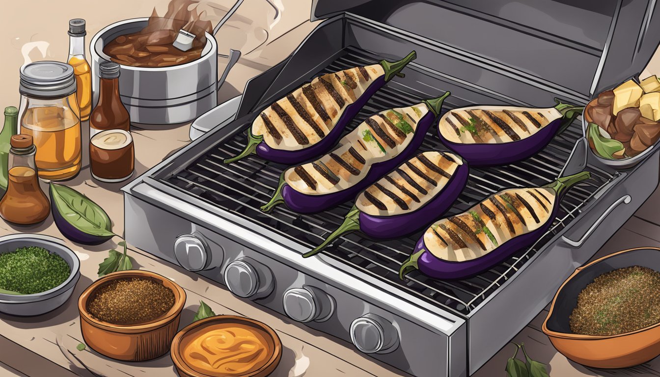 A grill with sliced eggplant cooking over open flames, surrounded by Texas BBQ seasonings and sauces