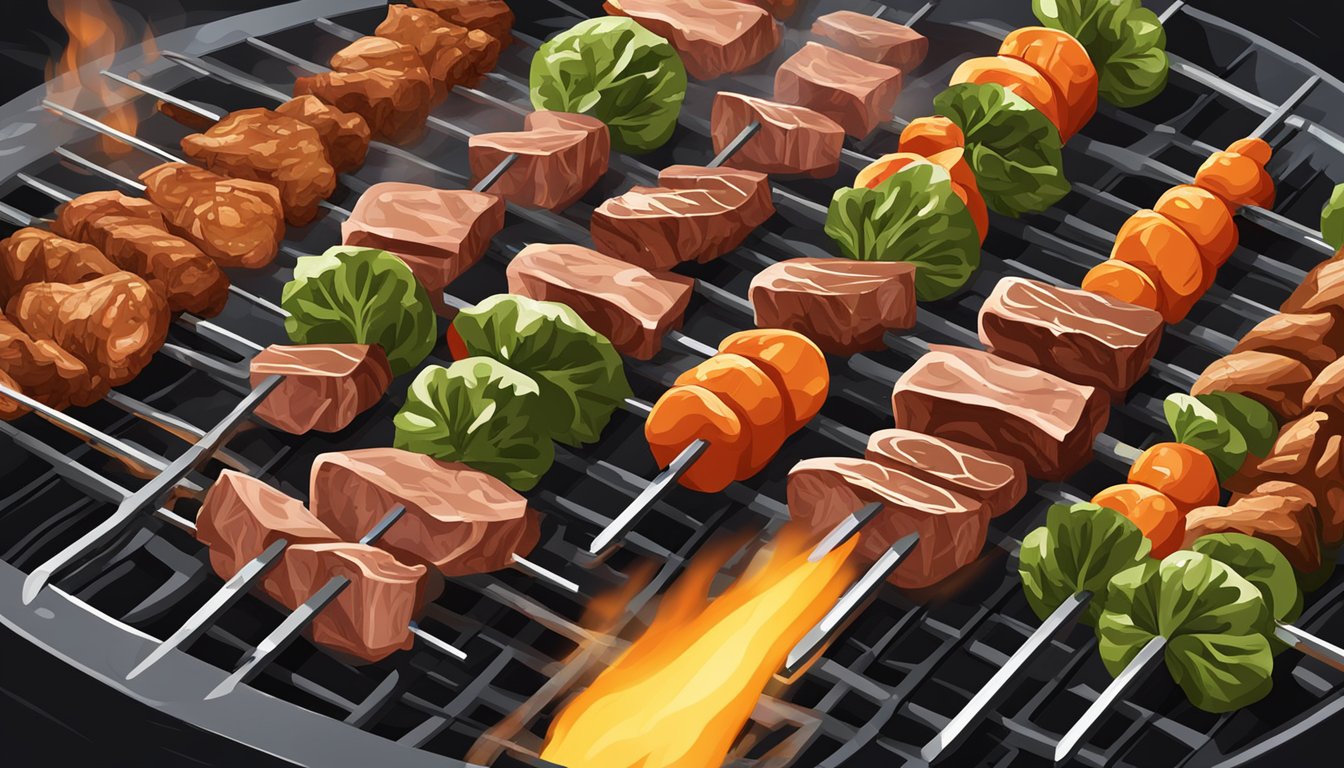 Assorted meats and vegetables skewered on long metal rods, sizzling over an open flame in a Texas BBQ pit