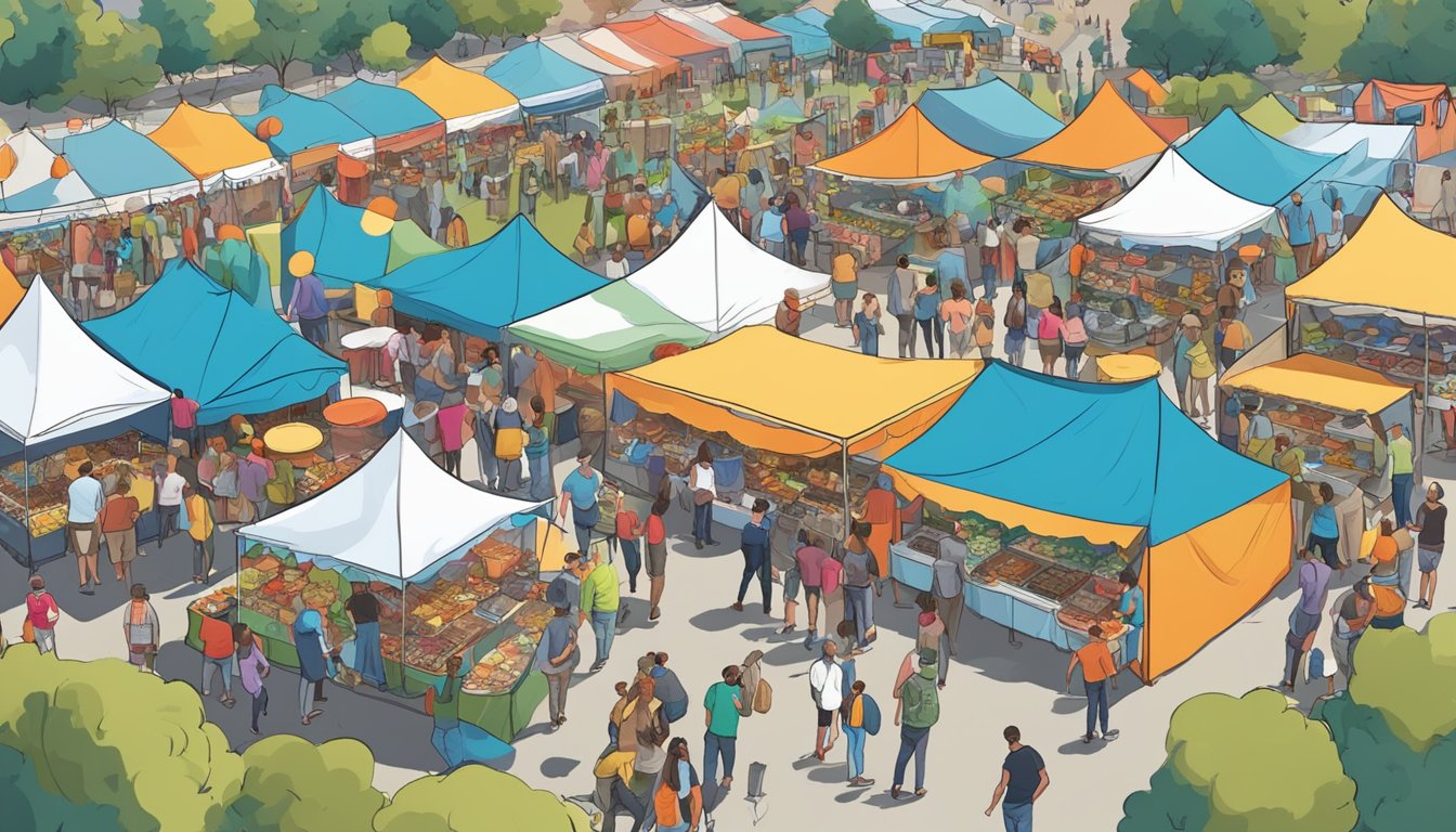 A bustling outdoor food festival in Colorado, with colorful tents, food vendors, live music, and crowds of people sampling various cuisines