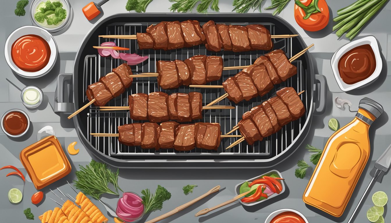 A grill with skewers of marinated meat and vegetables, surrounded by Texas BBQ sauces and cleaning supplies