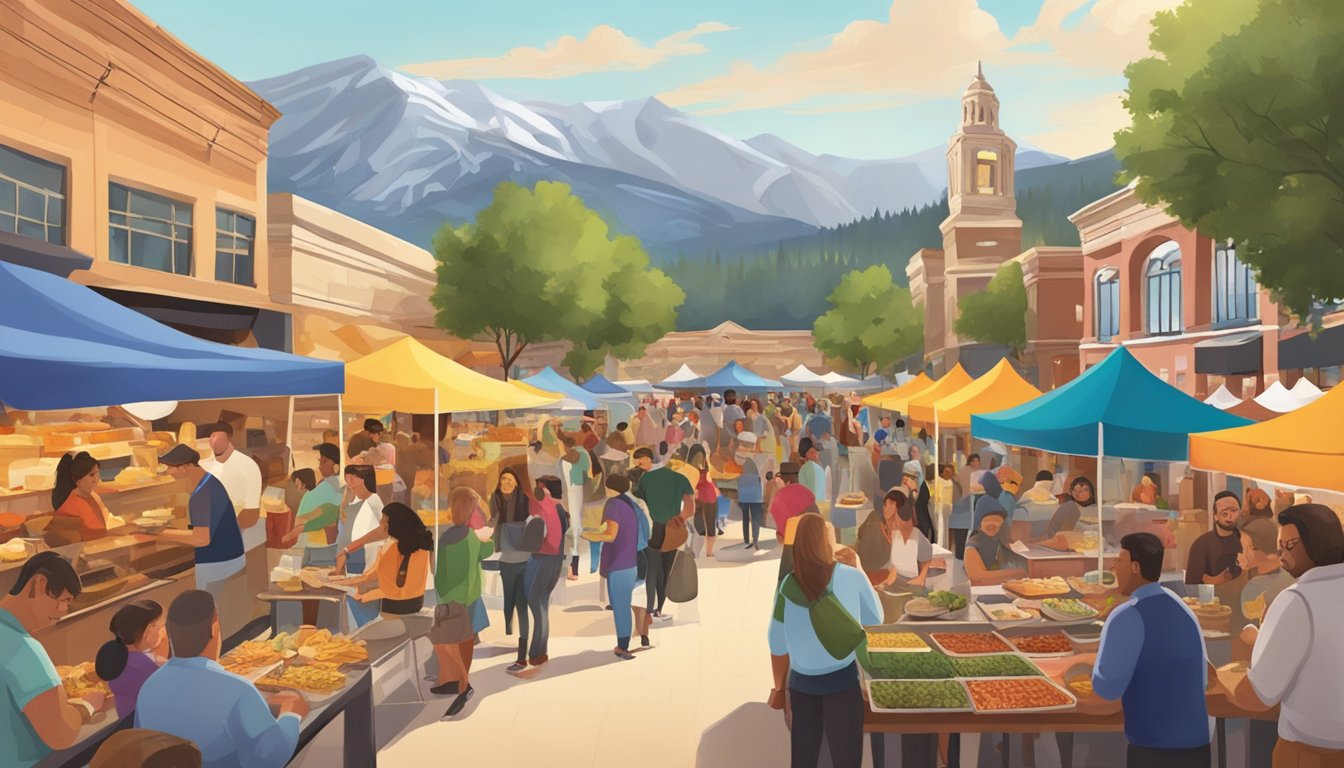 A bustling food festival in Colorado, with diverse cuisines and cultural performances