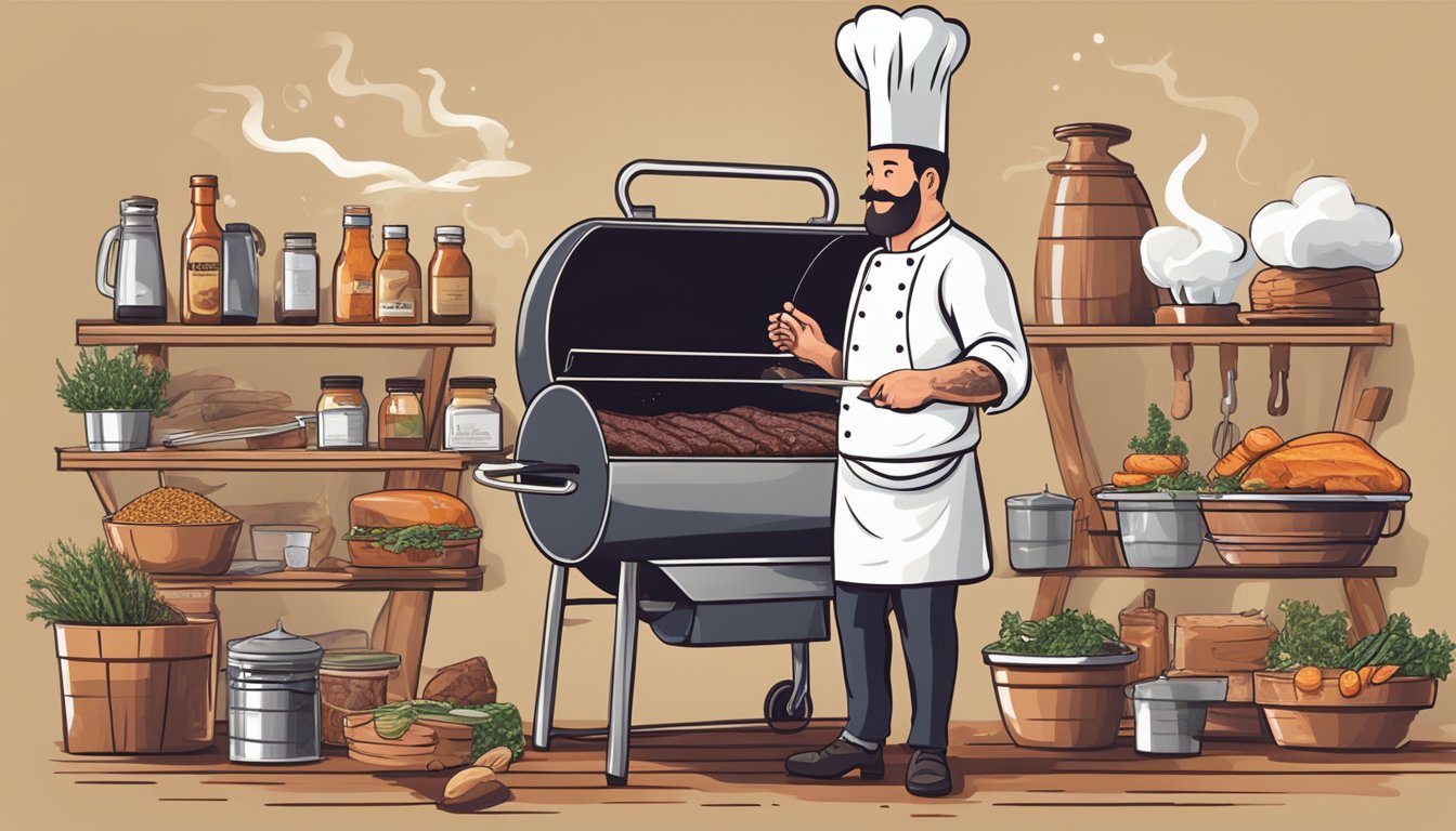 A chef seasoning a large brisket on a grill with a smoker box, surrounded by Texas BBQ style ingredients and seasonings