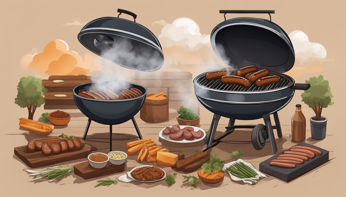 A grill with a smoker box emitting fragrant smoke, surrounded by Texas BBQ-style ingredients like brisket and sausages