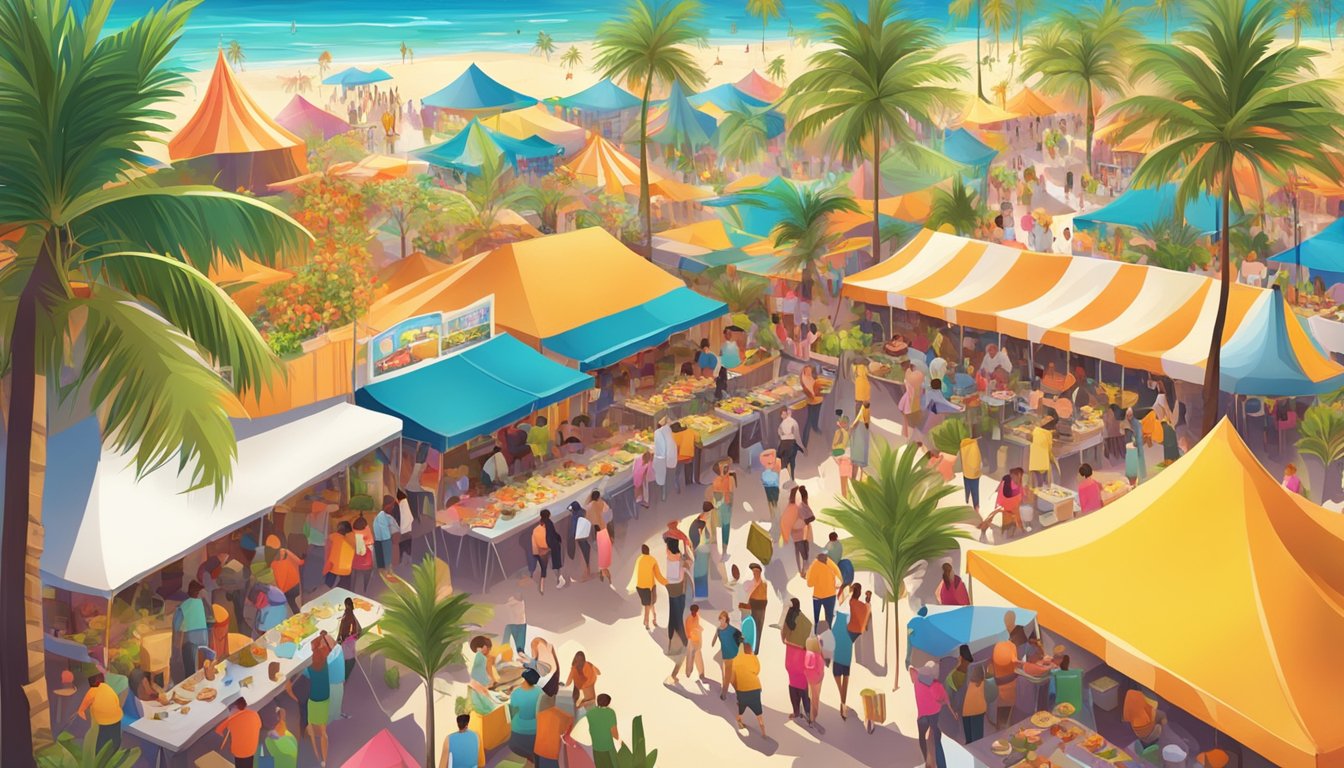 A bustling outdoor food festival in Miami, with colorful tents and tables filled with delicious dishes, surrounded by palm trees and a vibrant, lively atmosphere