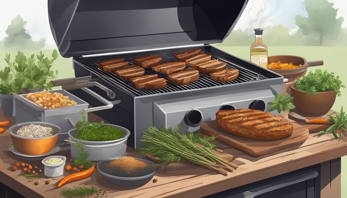 A grill with a smoker box emitting fragrant smoke, surrounded by various herbs and spices, with a Texas BBQ style dish cooking on the grill