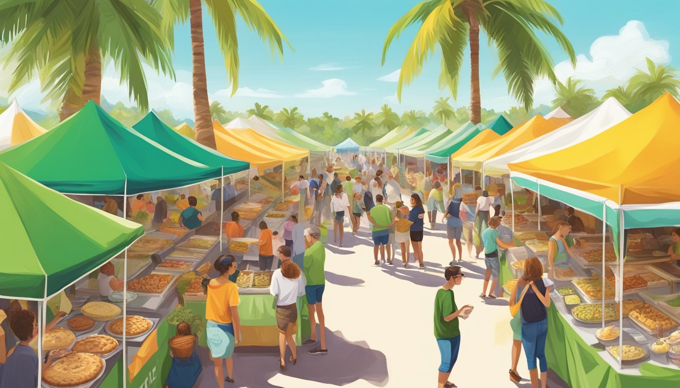 Vibrant outdoor food festival with colorful tents, palm trees, and people sampling key lime pies and other treats