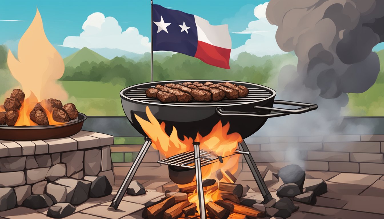 A grill with lava rocks sizzling under meat, smoke billowing as it cooks, a Texas flag waving in the background