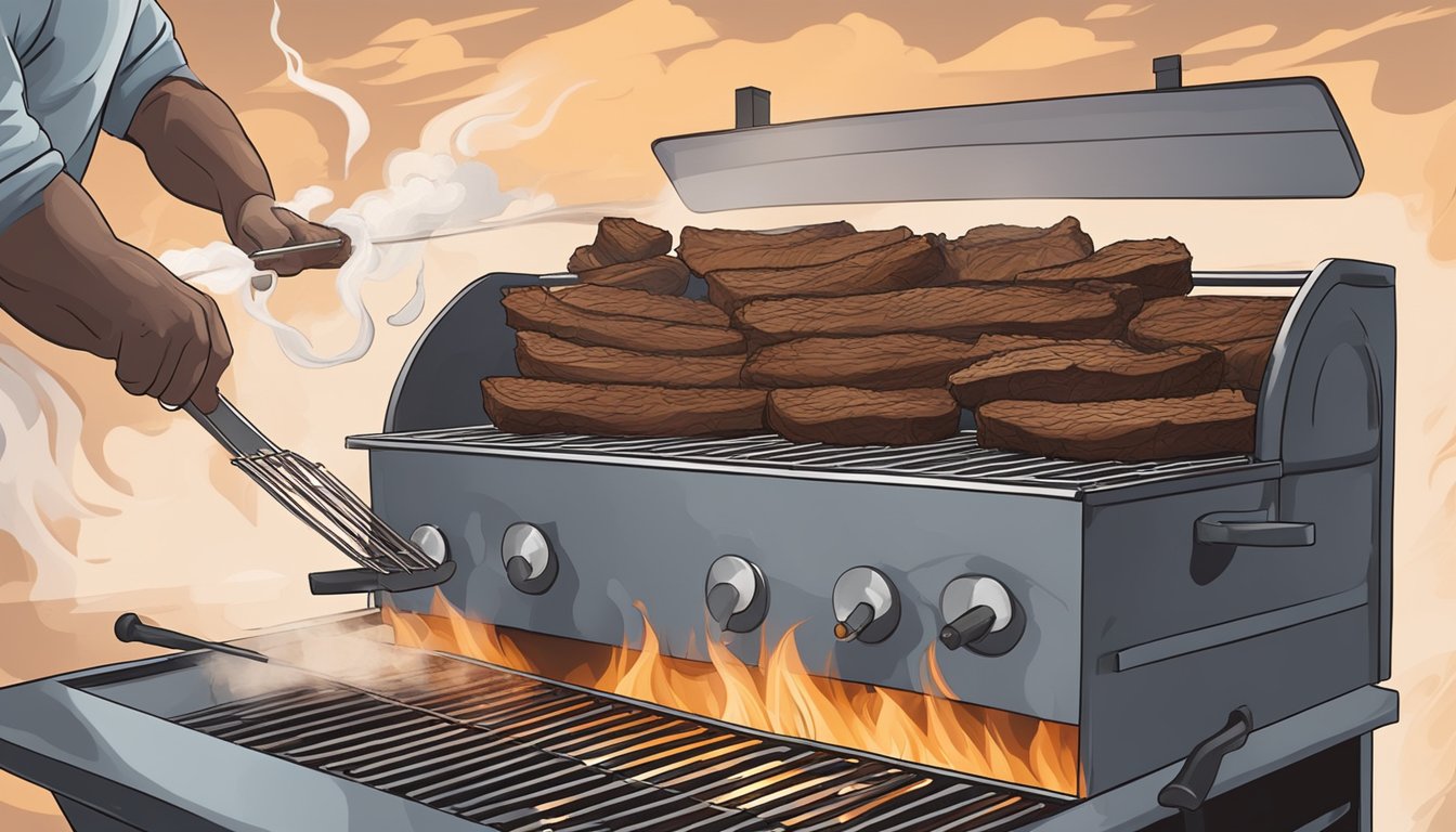 A smoker box sits on a grill, wisps of smoke rising as a brisket is carefully sliced and served in a Texas BBQ style