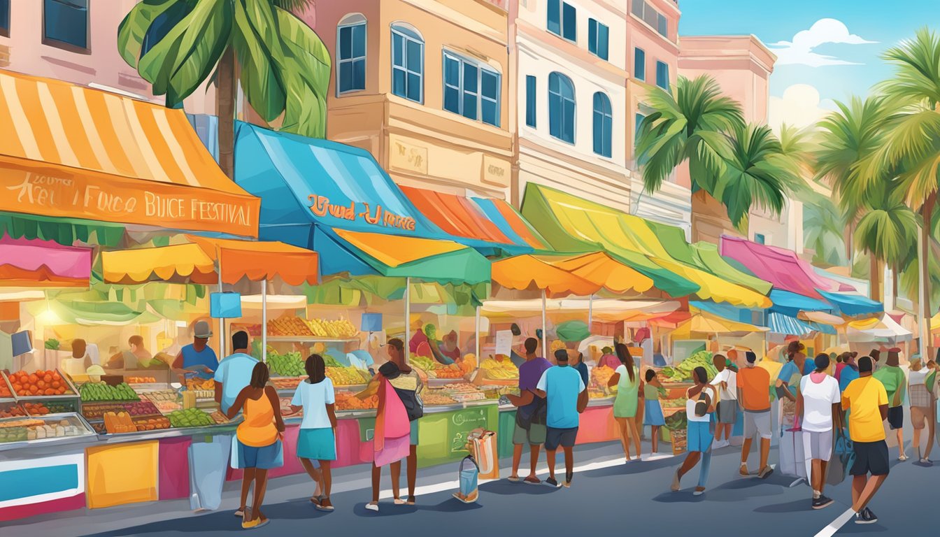 A colorful array of food vendors line the bustling streets, offering an assortment of fresh juices and tropical dishes at the Juice Bowl Festival in Florida