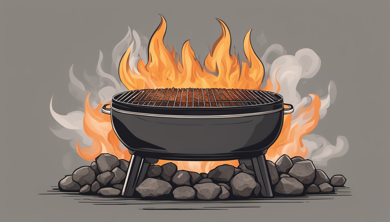 A grill is filled with lava rocks, emitting intense heat. Thick smoke rises as meat sizzles on the grates, creating an authentic Texas BBQ experience