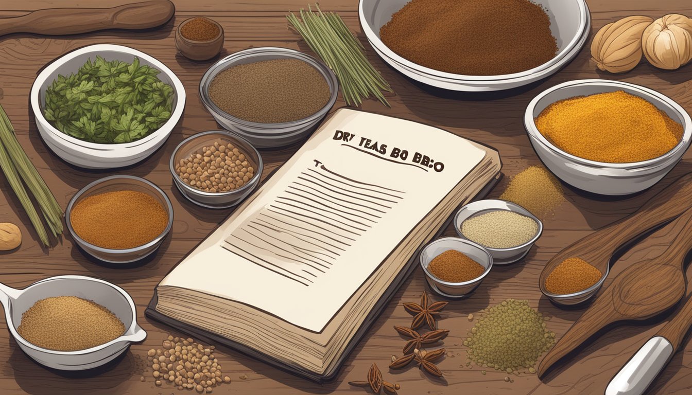 A wooden table with various spices and herbs laid out, along with mixing bowls and measuring spoons. A recipe book open to a page titled "Dry Rub Texas BBQ Style" lies nearby