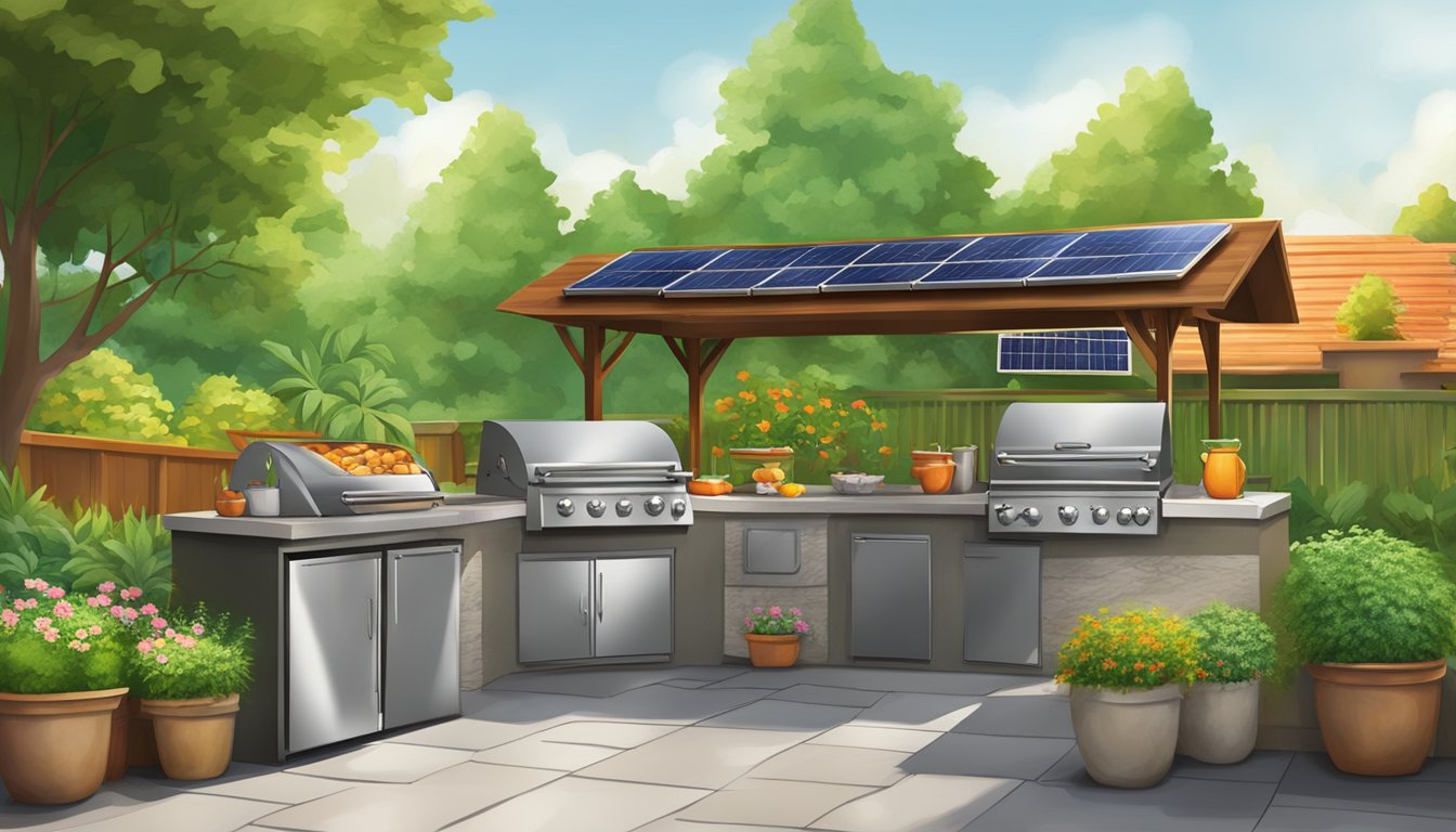 A backyard grill with lava rocks emitting heat, surrounded by a lush green garden and solar panels on the roof, representing energy efficiency and environmental benefits