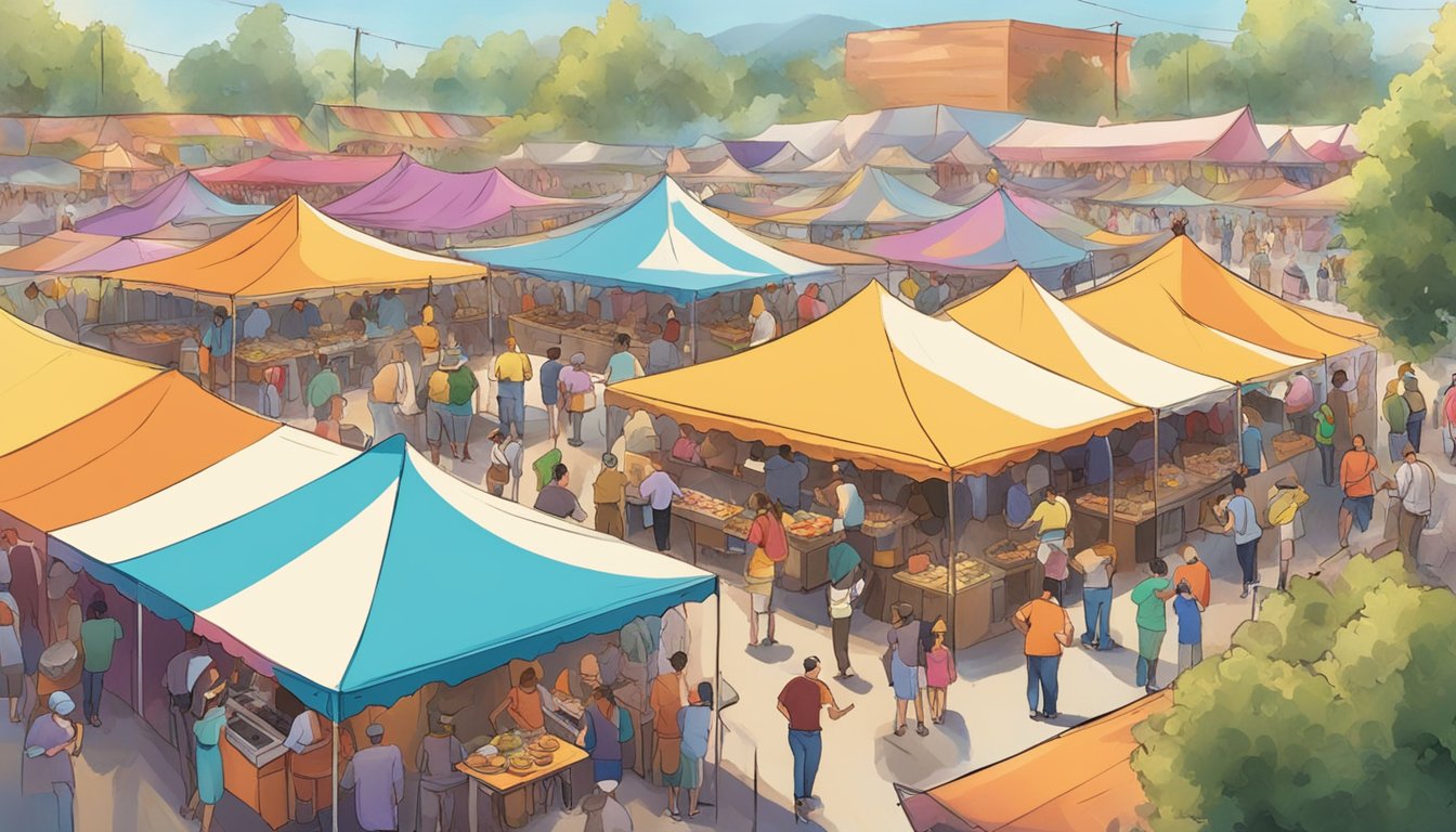 Crowds gather under colorful tents, sampling dishes from various vendors. A live band plays in the background as the aroma of sizzling barbecue fills the air