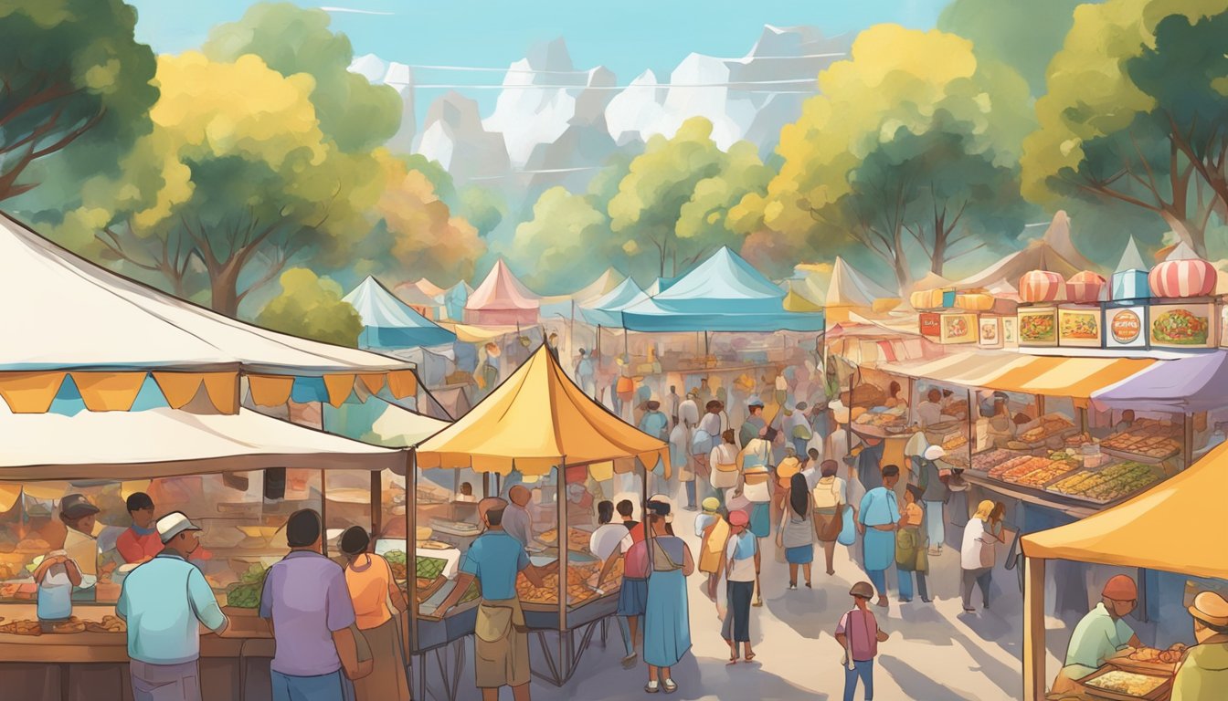 Colorful food vendors line the festival grounds, offering a variety of delicious dishes to eager festival-goers. The air is filled with the enticing aroma of smoked meats, fresh seafood, and sweet treats