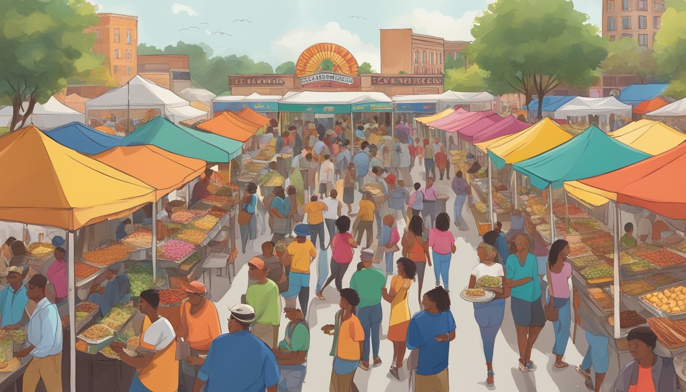 Vibrant food festival scene with bustling vendor booths, lively music, and diverse crowds enjoying local cuisine in Alabama