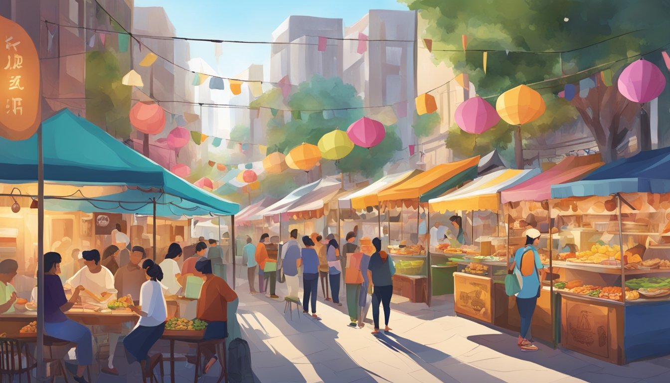 Colorful food stalls line the streets, offering a variety of cuisines. Visitors sample dishes while live music fills the air