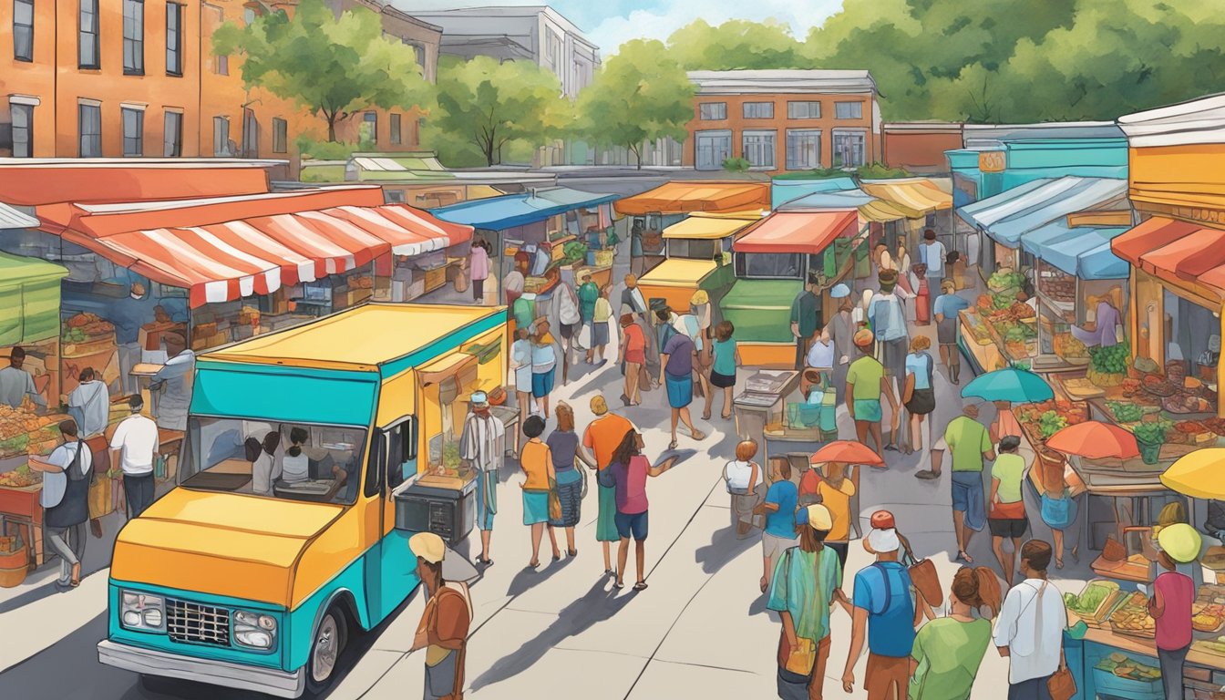 Colorful food trucks line the bustling market, offering a variety of delicious cuisines. The aroma of sizzling dishes fills the air as people gather to sample the best of Arkansas's food festivals