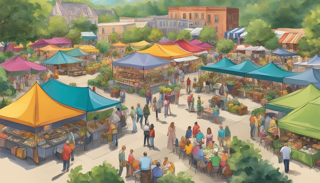 Vibrant outdoor food and wine festival in Eureka Springs, Arkansas with tents, tables, and a variety of dishes and drinks