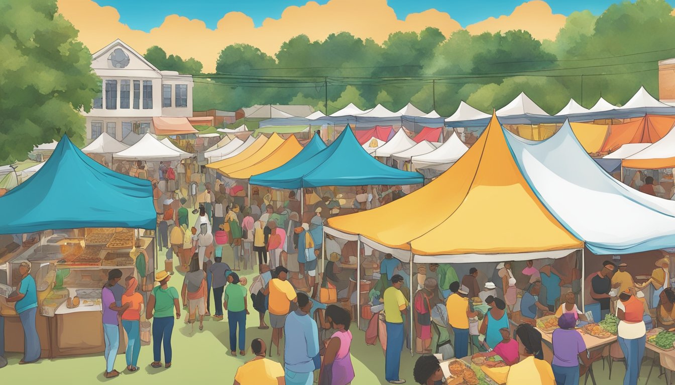 Crowds gather under colorful tents, sampling a variety of local cuisine at the Fayetteville Roots Festival. The aroma of sizzling dishes fills the air