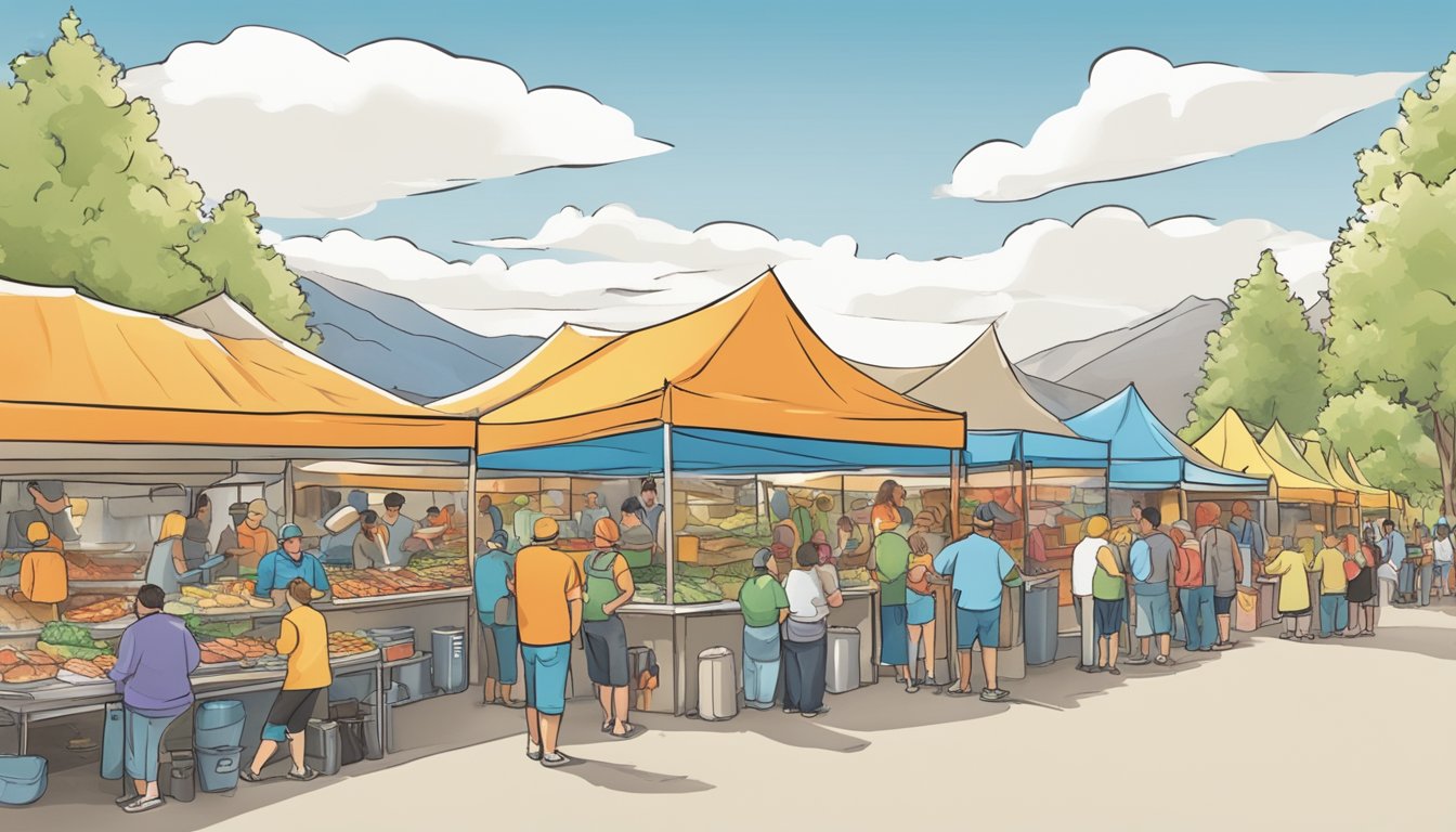 Colorful food stalls line the festival grounds, offering a variety of salmon dishes. The aroma of grilled fish fills the air as people gather to sample the best of Idaho's cuisine