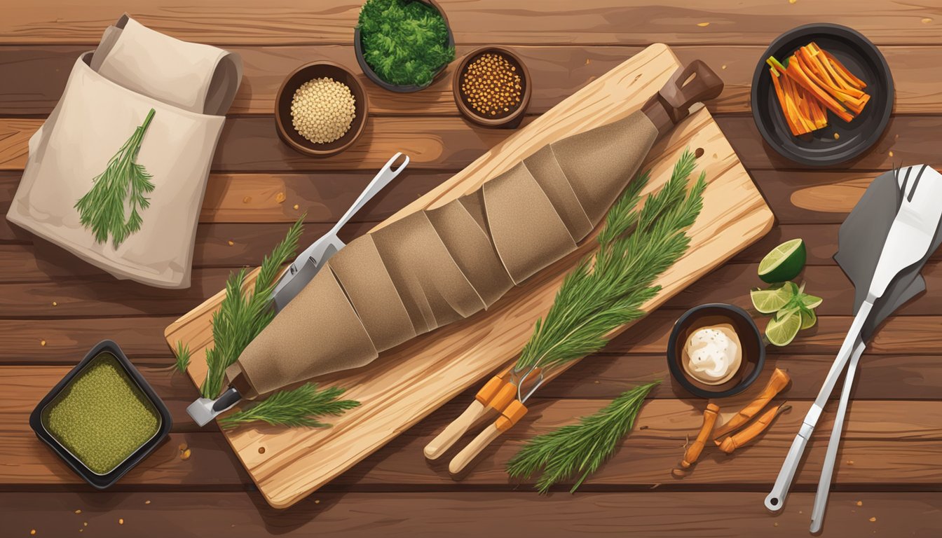 Cedar wraps laid out on a wooden table, surrounded by grilling utensils and seasonings, with a barbecue grill in the background