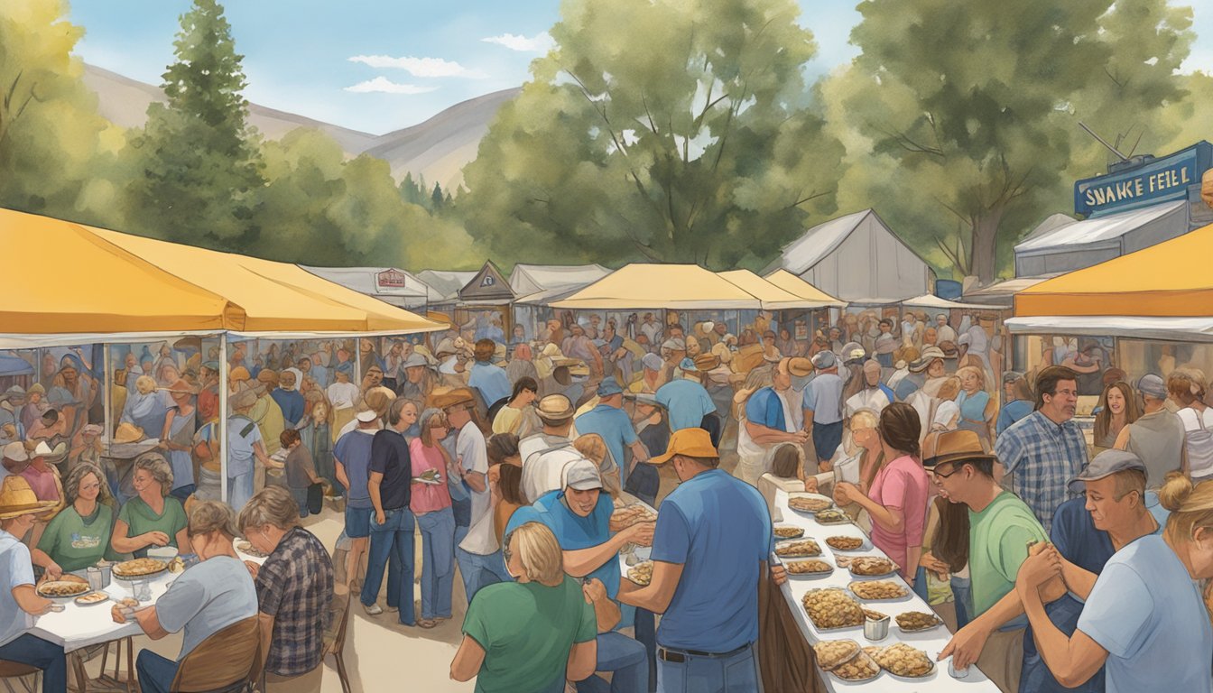 The Snake River Grill's Oyster Feed: a bustling festival with rows of food stalls, lively music, and people enjoying the best food Idaho has to offer