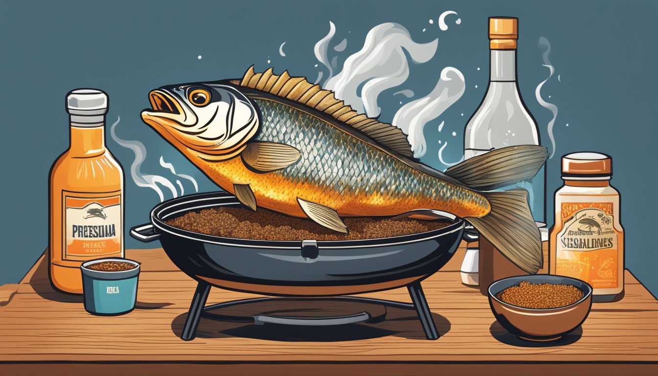 A whole fish sizzling on a smoking grill, surrounded by Texas-style BBQ seasonings and sauces