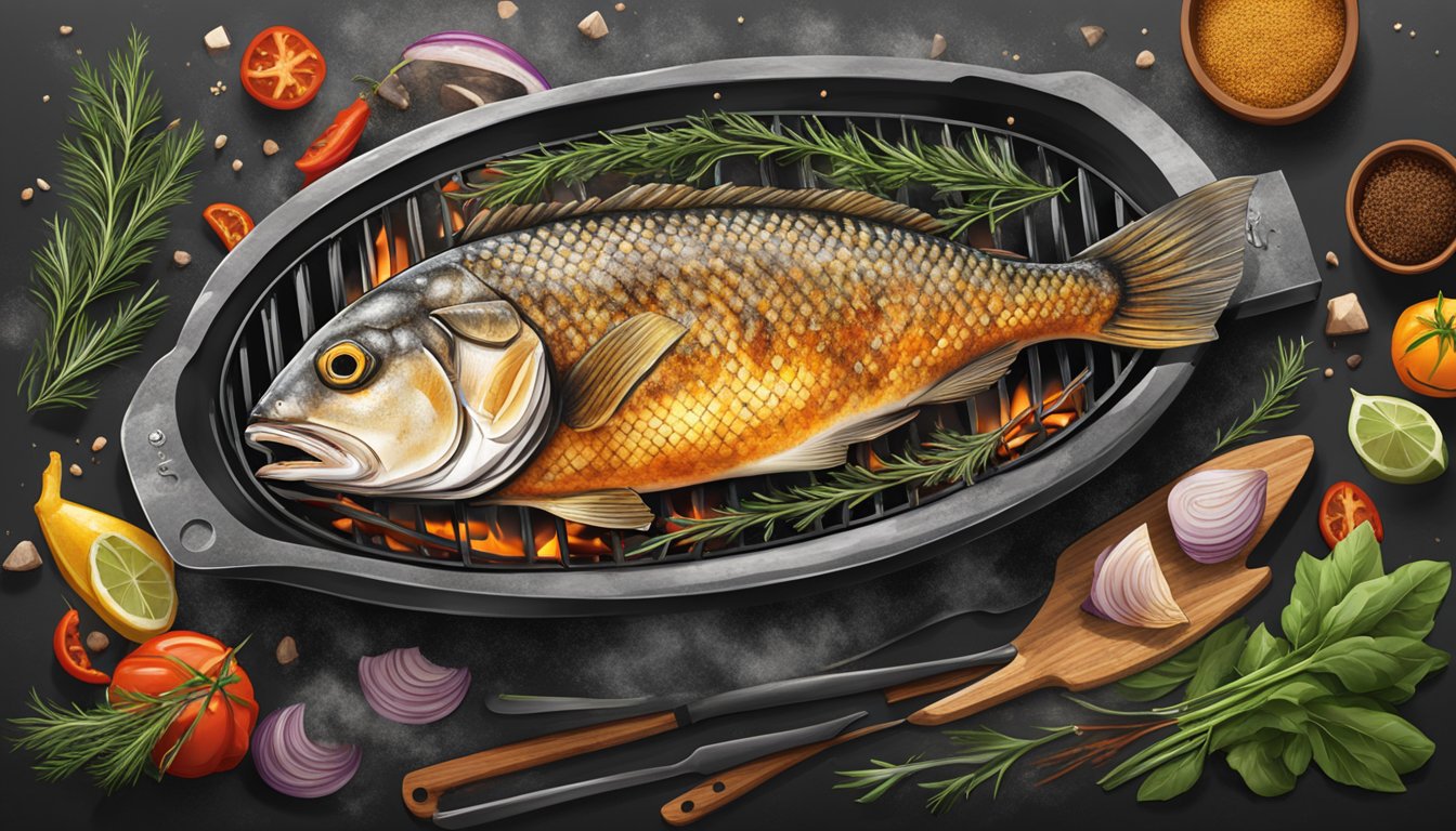 A whole fish sizzling on a grill over smoky coals, surrounded by Texas BBQ seasonings and herbs