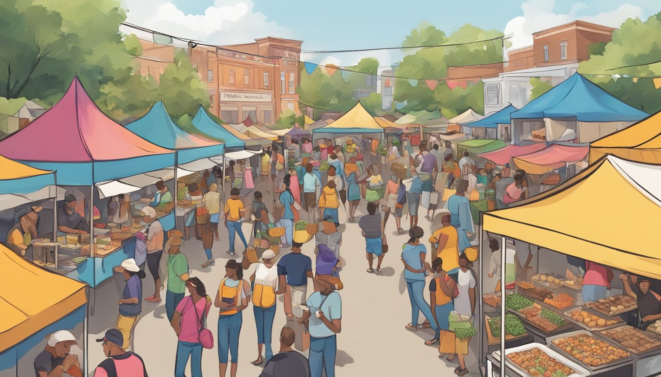 A bustling food festival in Arkansas, with colorful stalls, live music, and people enjoying a variety of delicious dishes from local vendors