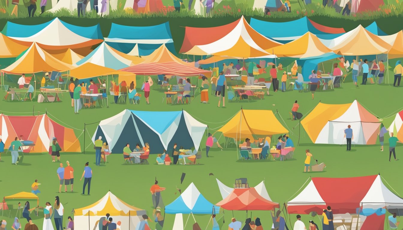 Colorful tents line a grassy field, filled with vendors serving up delicious dishes. Families and friends gather around picnic tables, enjoying live music and the beautiful Idaho scenery