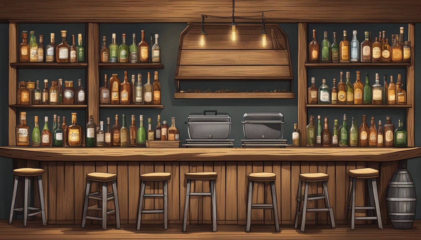 A rustic wooden bar with a backdrop of a Texas BBQ pit, shelves of whiskey bottles, and jars of smoked spices and fresh herbs