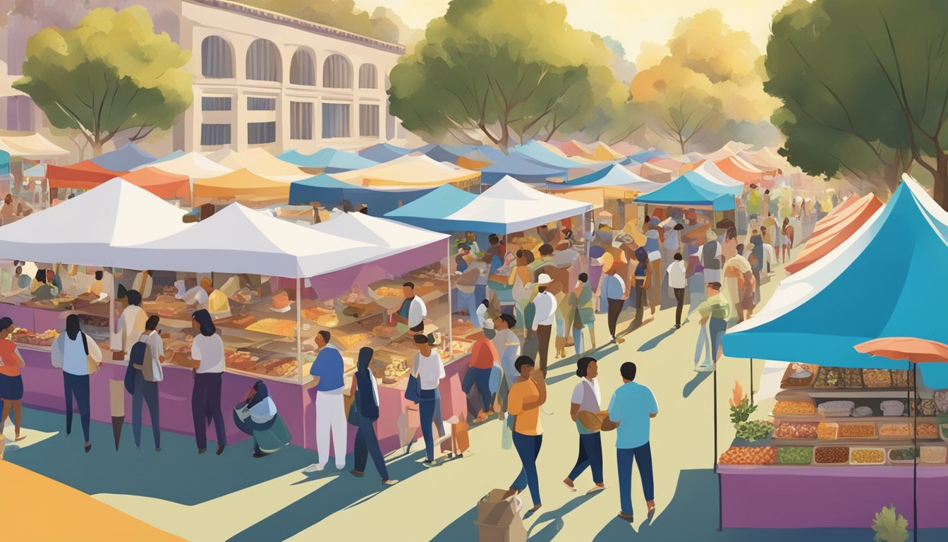 Crowds gather under sunny skies, sampling diverse cuisines from colorful food stalls at a bustling California food festival. Music fills the air as chefs prepare delicious dishes