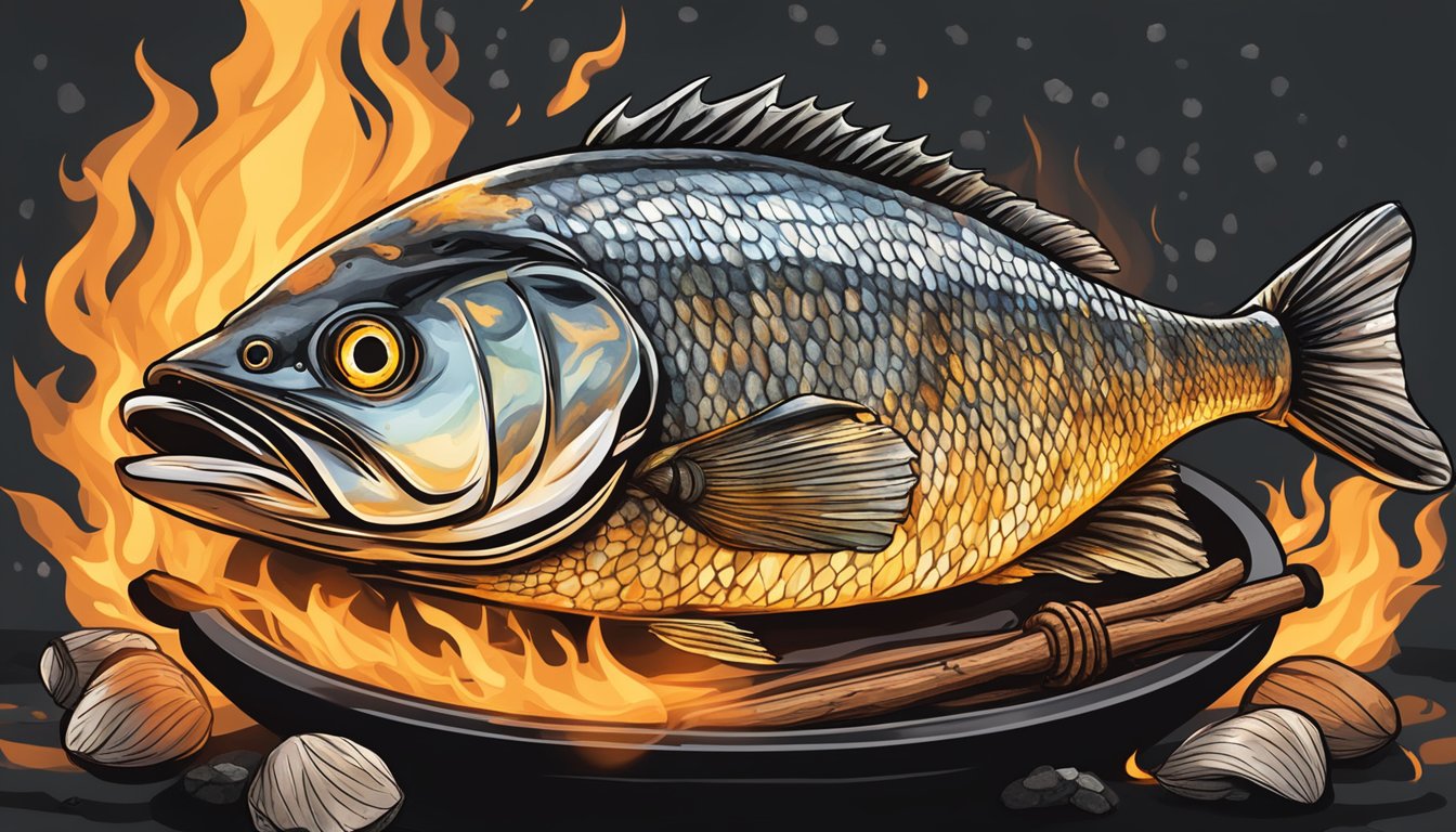 A whole fish sizzling on a smoky grill with flames licking the charred skin, surrounded by Texas BBQ seasonings and a hint of citrus