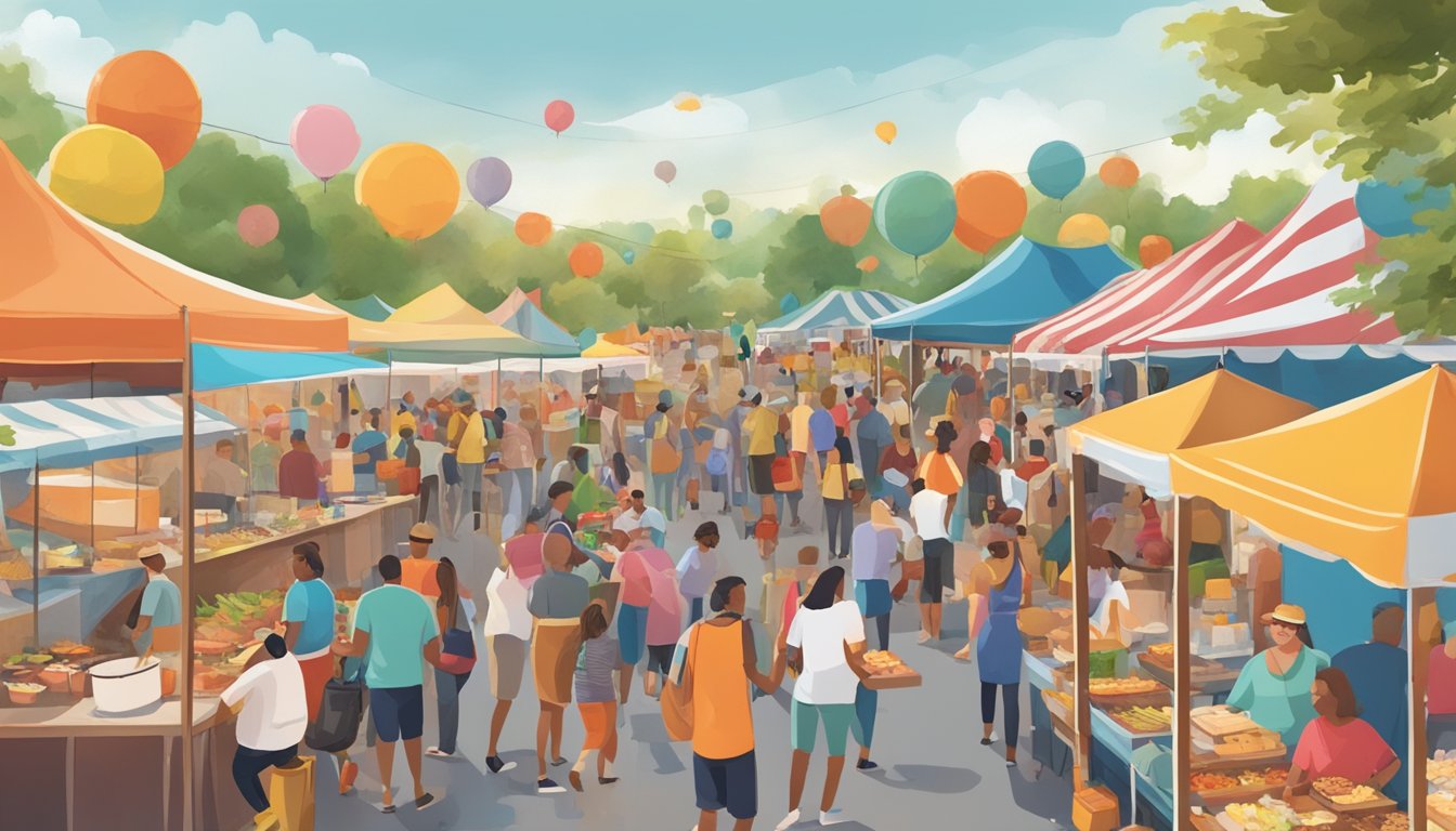 A bustling food festival in Arkansas, with colorful food stalls, live music, and crowds of people enjoying the diverse culinary offerings