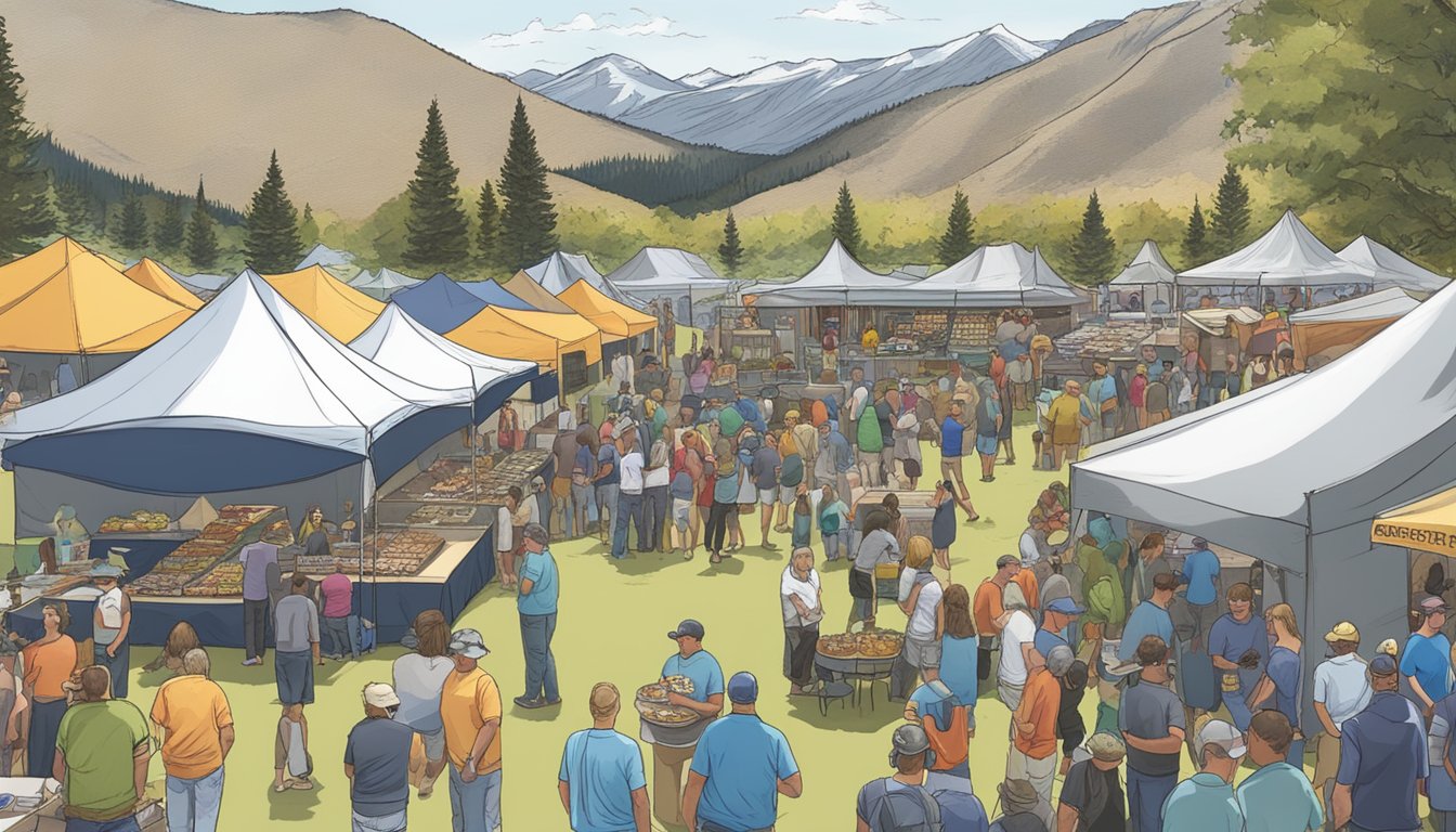 Crowds gather around food vendors at Mountain Brewers Beer Fest in Idaho. Tents and tables line the outdoor area, with the mountains in the background