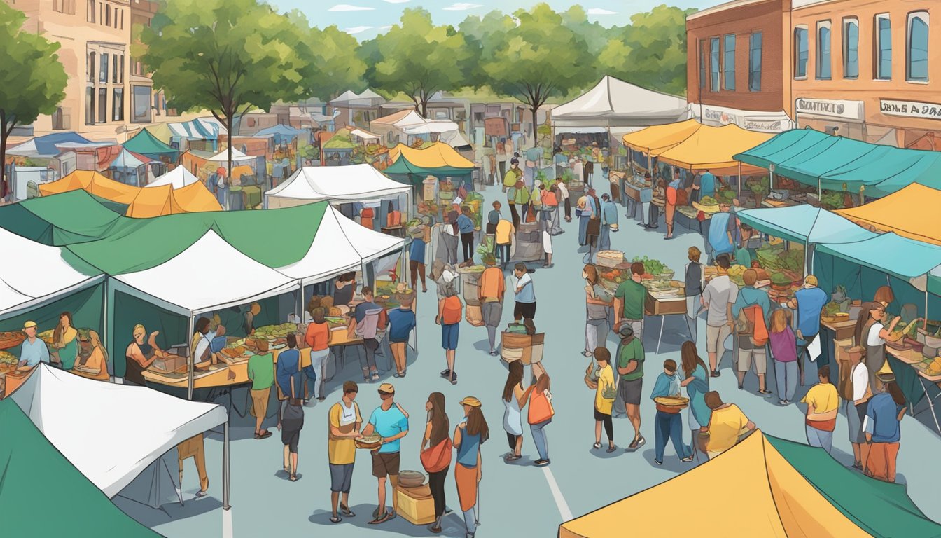 Crowds sample dishes at outdoor food festival in Arkansas. Tents and food trucks line the street, offering a variety of cuisines. Music fills the air