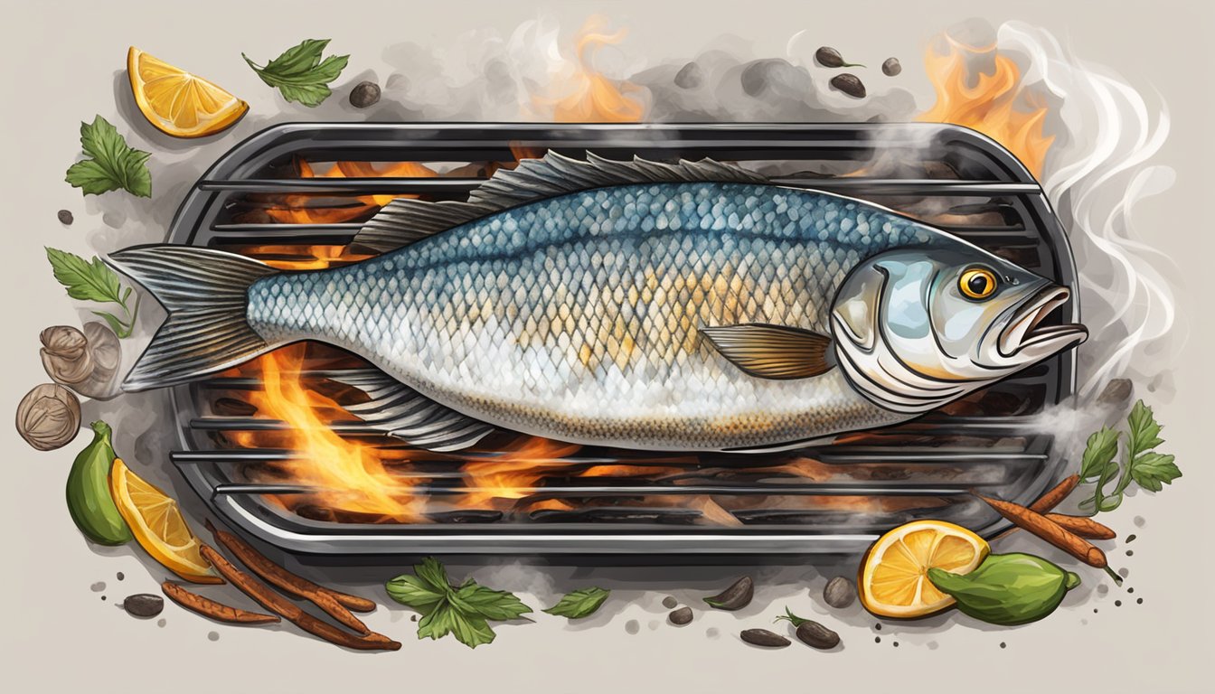 A whole fish sizzling on a grill over hot coals, surrounded by smoke and the aroma of Texas BBQ seasonings