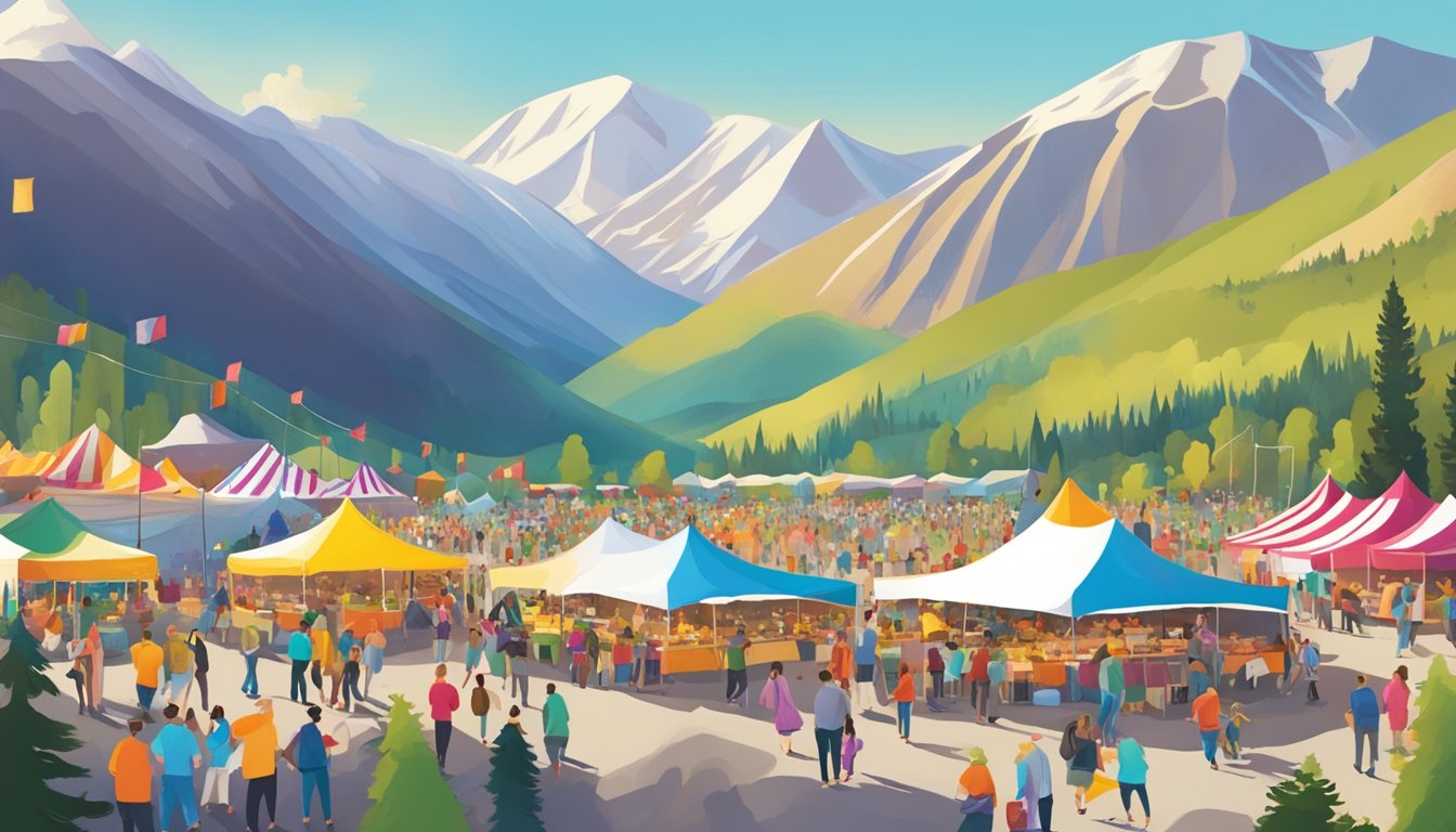 A bustling food festival in Idaho with colorful tents, food vendors, and lively music, surrounded by mountains and happy festival-goers