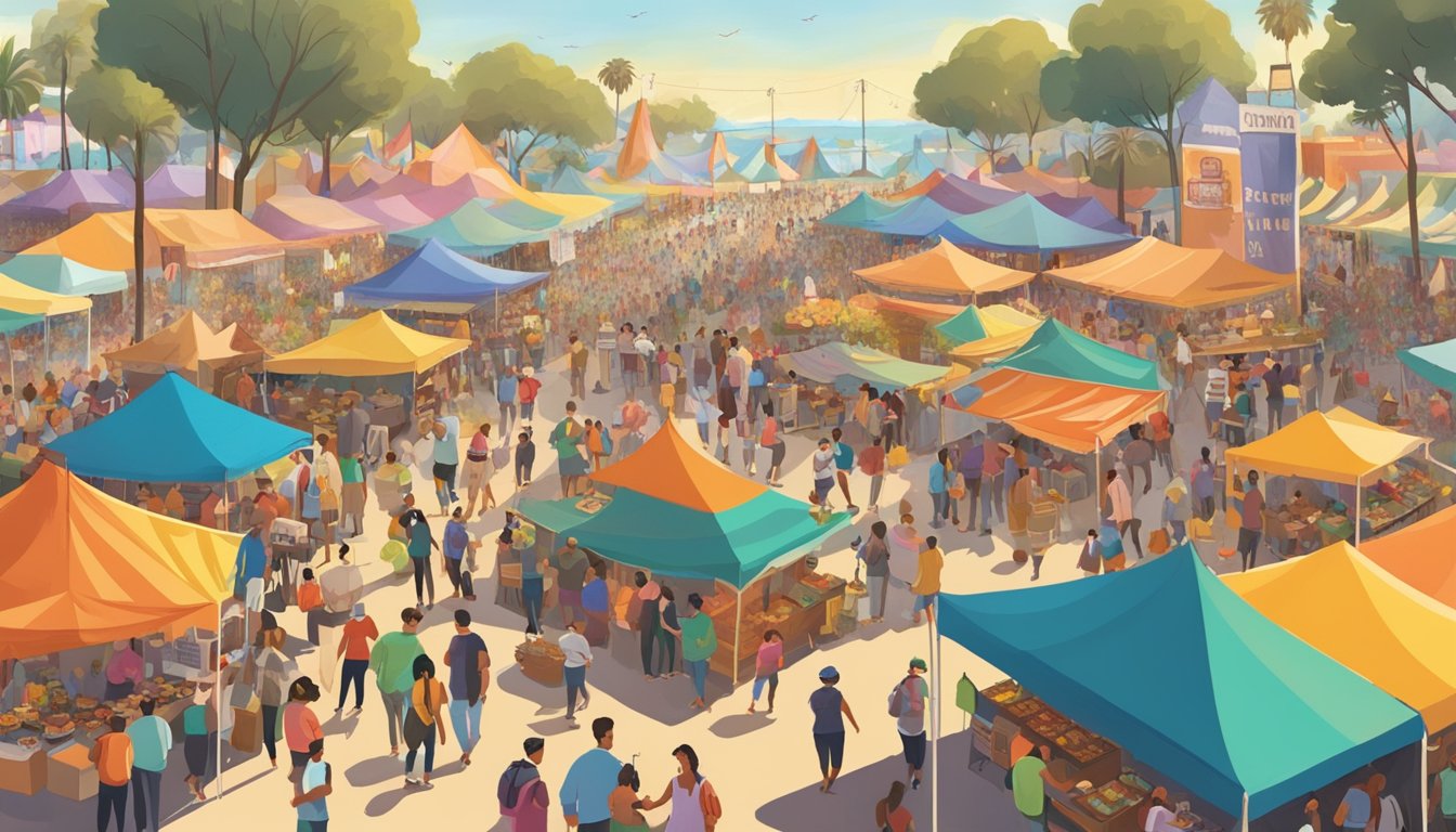 A bustling food festival in California, with colorful tents, food vendors, and lively music, surrounded by a diverse crowd of locals and tourists