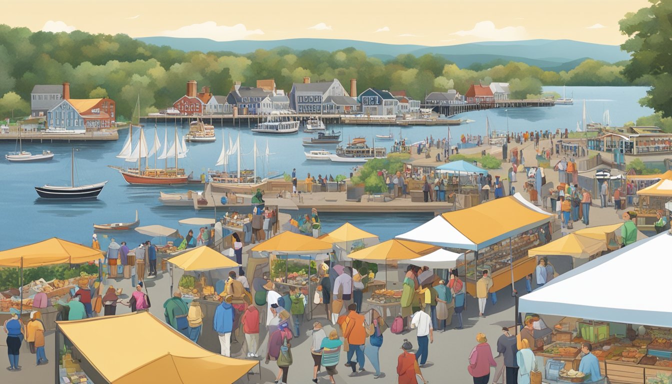 A bustling outdoor festival with rows of food stalls, people enjoying chowder, and a scenic view of Mystic Seaport's waterfront