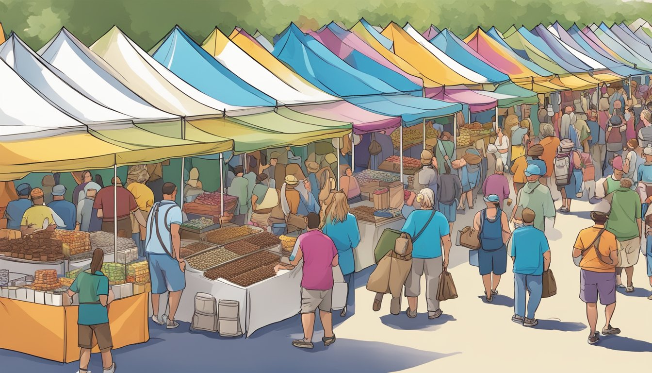 Vendors display an array of chocolate treats under colorful tents at the Rehoboth Beach Chocolate Festival, with crowds of people sampling and enjoying the best food festivals in Delaware