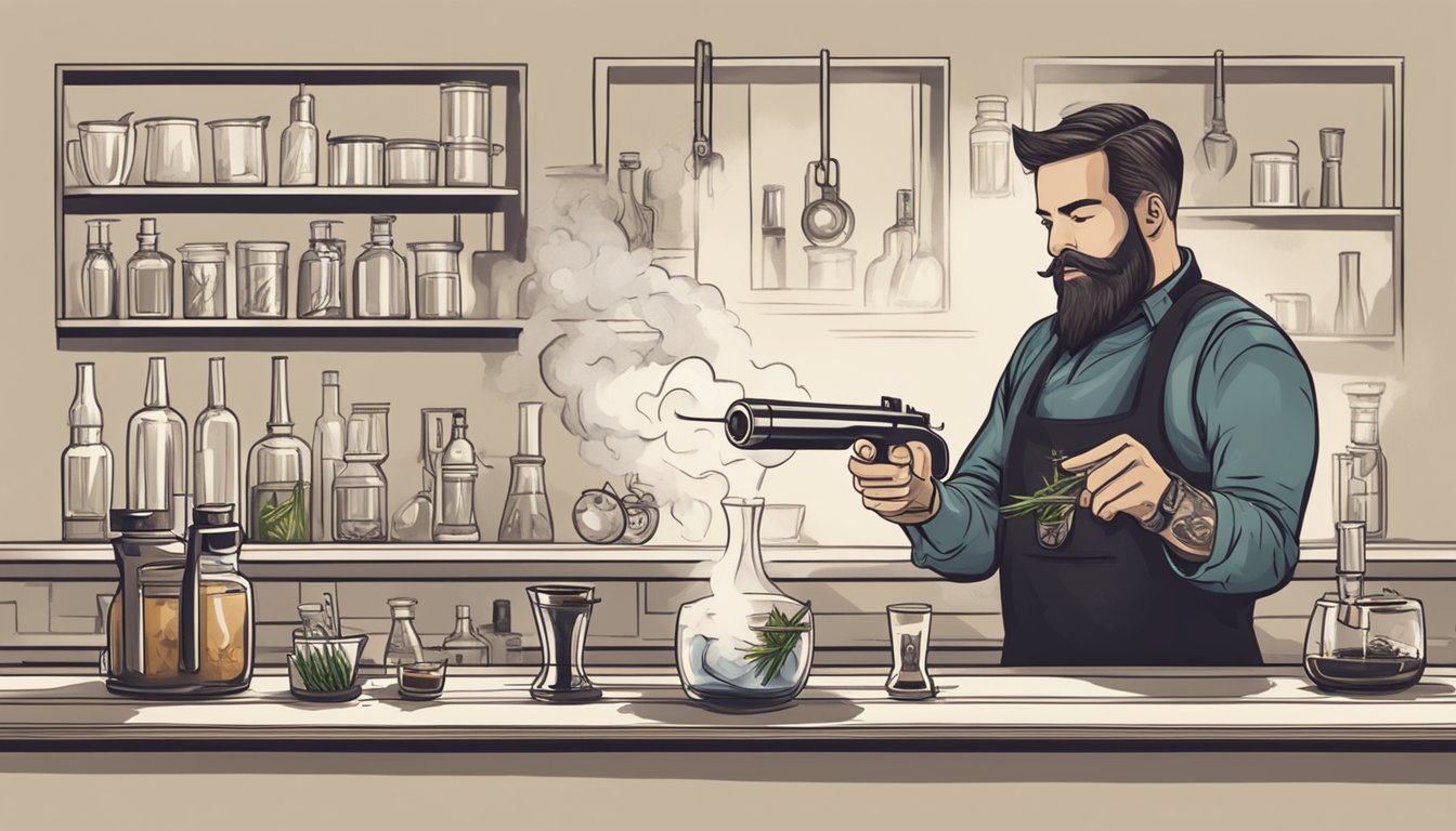 A bartender uses a smoking gun to infuse a cocktail with hickory smoke, while garnishing with a charred jalapeno and a sprig of fresh rosemary