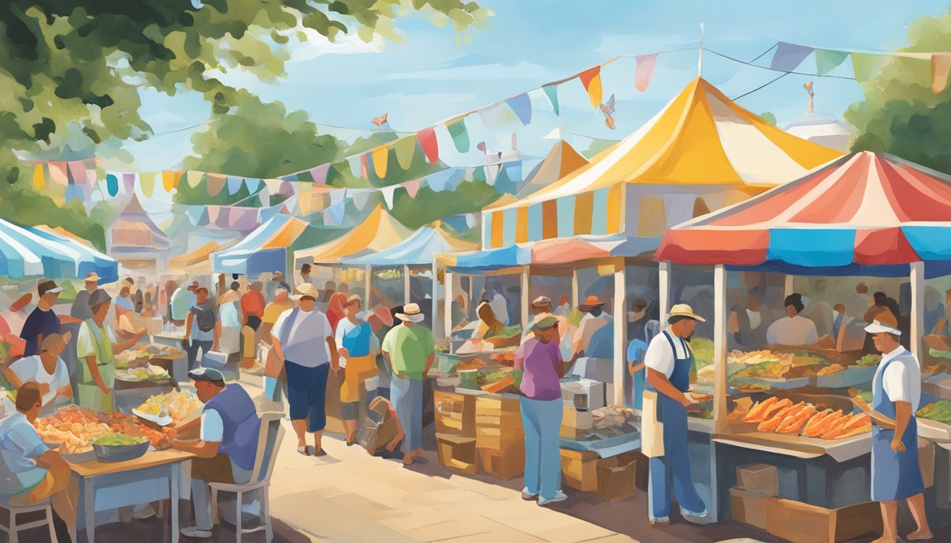 Colorful seafood vendors line the bustling festival grounds, surrounded by vibrant art displays and live music. Aromas of fresh seafood fill the air as visitors sample the best dishes Delaware has to offer