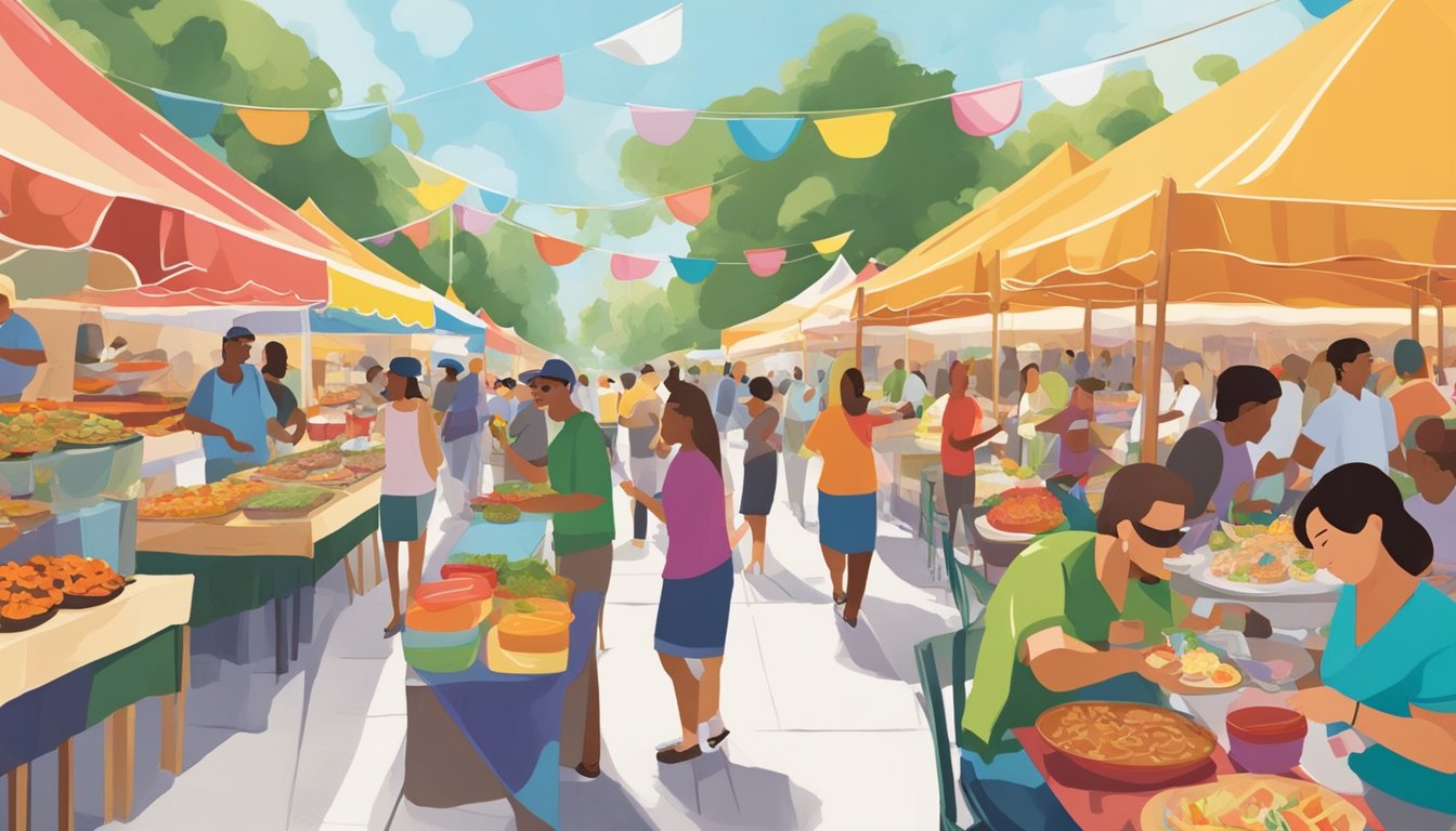 Colorful food tents line the bustling street, emitting mouthwatering aromas. Crowds of festival-goers sample gourmet dishes and sip on refreshing drinks. Music fills the air as artists showcase their culinary creations