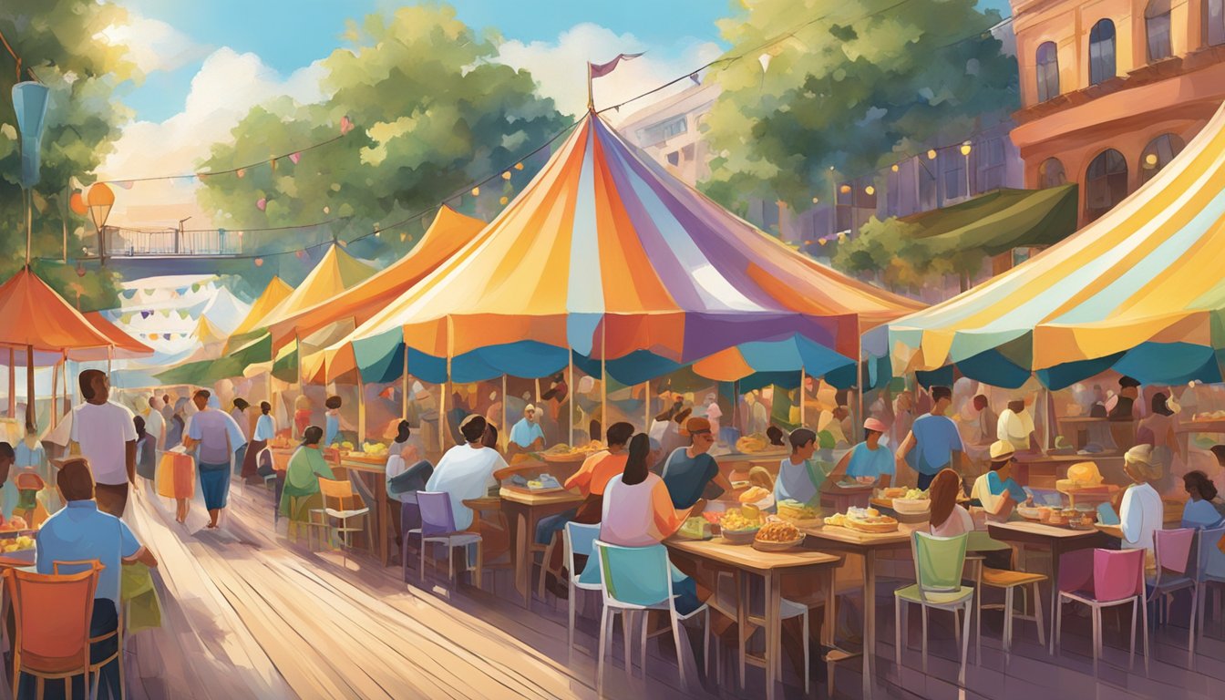 Colorful tents line the bustling boardwalk, offering a variety of delectable treats and artisanal creations. The air is filled with the aroma of sizzling food and the sound of live music