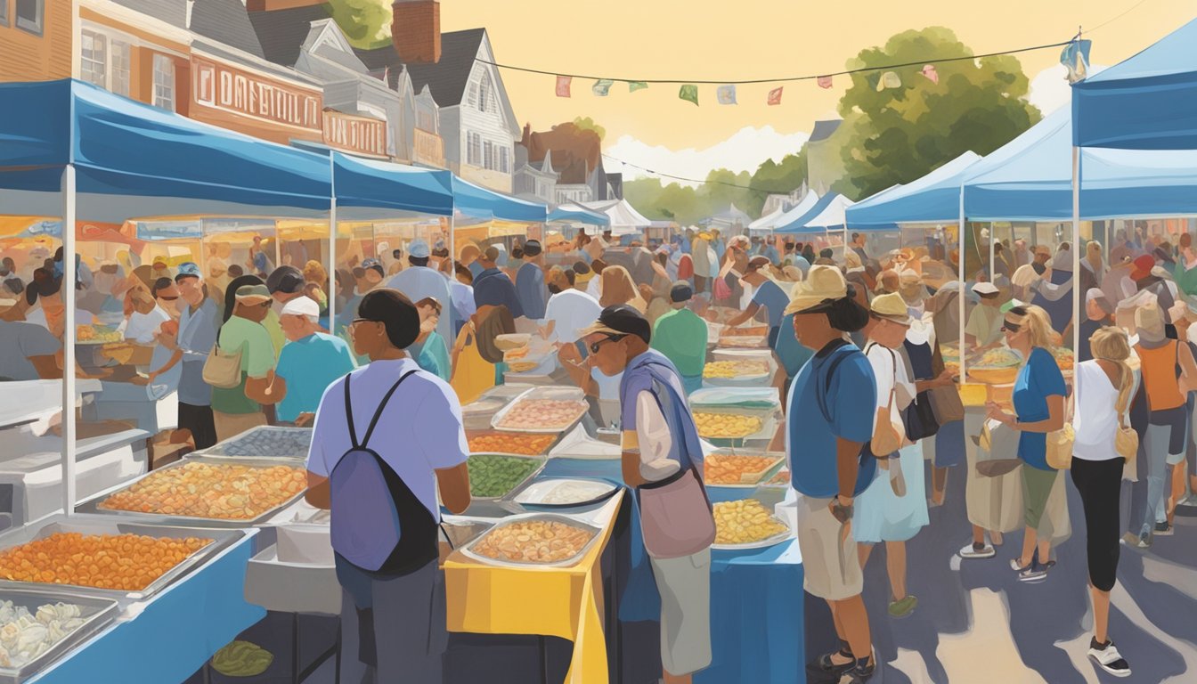 Crowds gather around rows of colorful food stalls, offering a variety of oyster dishes. The scent of seafood fills the air as people sample the best cuisine at the Norwalk Oyster Festival