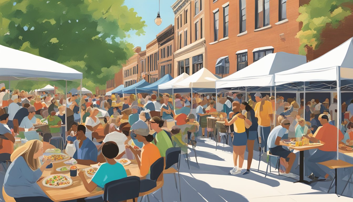 The Iowa City Jazz Festival features a variety of food vendors and festival-goers enjoying delicious cuisine while listening to live jazz music