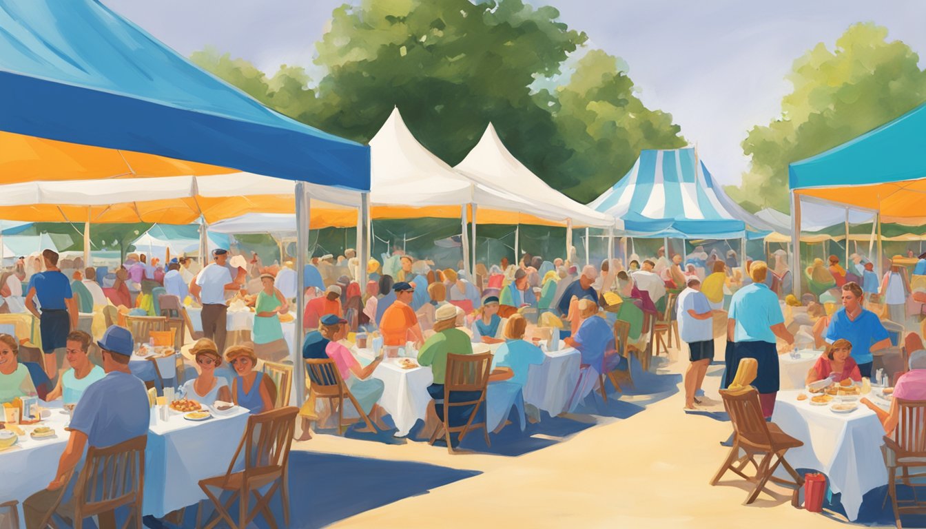 A seaside lobster bake at Saybrook Point Inn, with colorful tents, tables, and people enjoying the best food festival in Connecticut